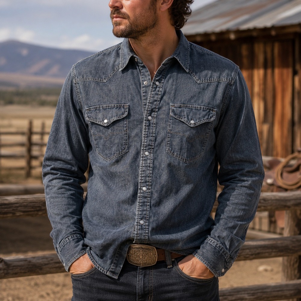 Kimes Ranch Western Snap Shirt Mens XL Gray Denim Pearl Snap Long Sleeve Cotton